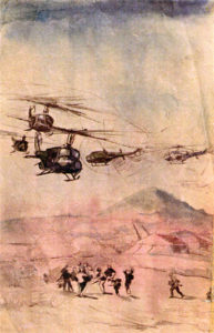 Eagle Flight - Painted with captured enemy water colors in 1967. The painting depicts soldiers being picked up by an eagle flight of Hueys.